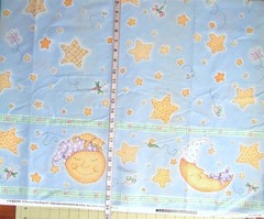 1 yd 100% Cotton Fabric Single Border Light Blue with Moons Dragonflies & Stars