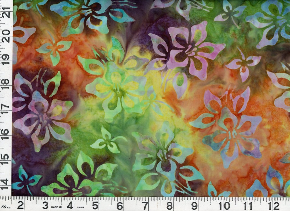 Flowers on Red Green Purple Yellow Batik Quilting Sewing Fabric by Yard #2660