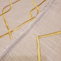 Interlocking Diamonds Gold Embroidered on White Linen 55″x108″ piece Fabric