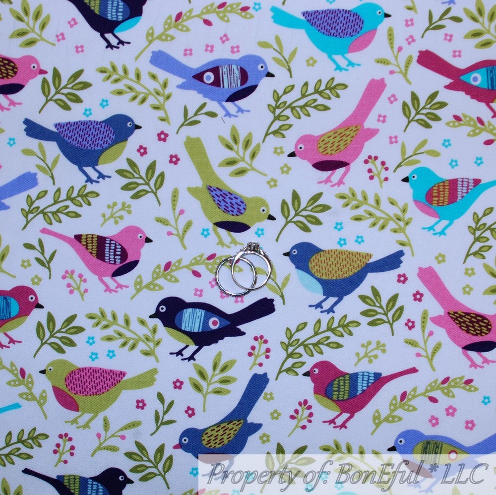 BonEful FABRIC FQ Cotton Quilt White Green Leaf BIRD Spring Pink Flower Purple S