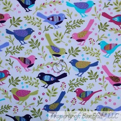 BonEful FABRIC FQ Cotton Quilt White Green Leaf BIRD Spring Pink Flower Purple S