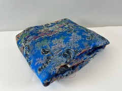 6yds Japanese Temple Courtyard Blue Silk Brocade Fabric Cherry Blossom Vtg READ!