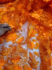 Orange 3d Lace Fabric Sold By The Yard Embroidered Pearls 3d Floral Prom Bridal