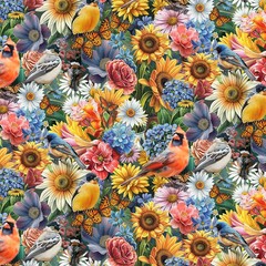Florinda Francesco Moretti Panel Flower Garden with Birds 24 x 43 inches