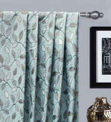 Powder Blue Leaves Fabric By The Yard, Cotton Linen Embroidered Floral