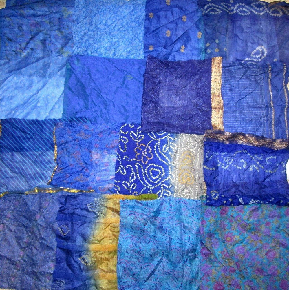LOT PURE SILK Antique Vintage Sari Fabrics REMNANT 16 pcs 8″ SQUARES aqua Blue