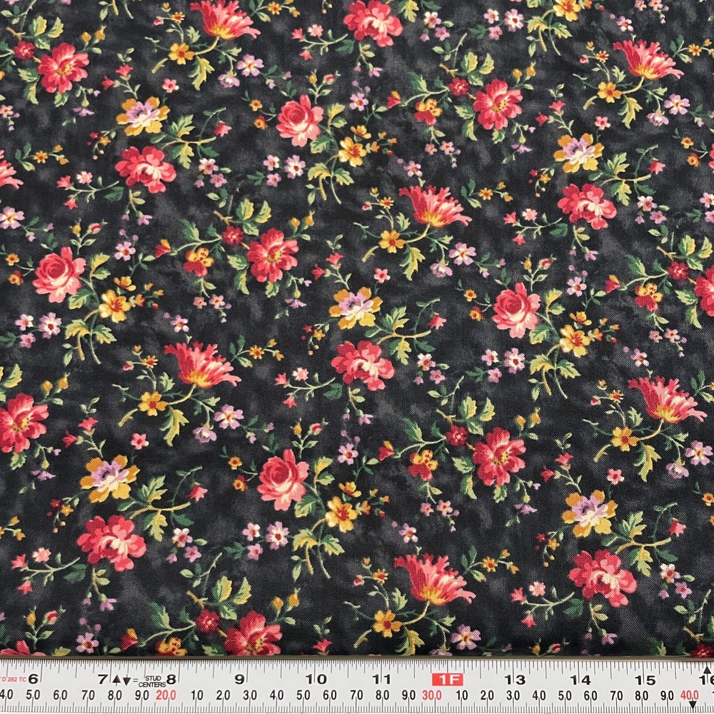 Florals on Black/Charcoal for Andover Fabrics Cotton by the HALF YARD