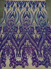 Alaina IRIDESCENT PURPLE Curlicue Sequins on NUDE Mesh Lace Fabric by the Yard