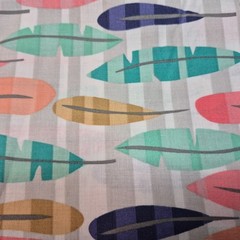 Muted Pastel Large Feathers on Striped Grey Background Cotton Fabric 3 Yards