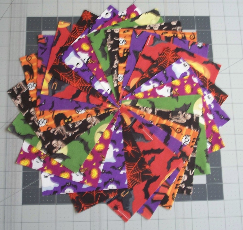 64 Halloween 5″ Quilt Squares Charm pack Pumpkins Bats Ghosts Black Cats Mummy