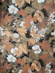 Vintage Bark Cloth Yardage Fabric Brown Beige White Black Orange Botanical