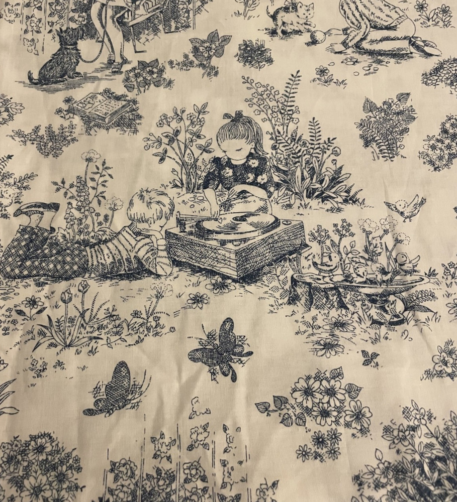 Vintage Blue & White Children Toile Print Cotton Fabric by Faye Burgos