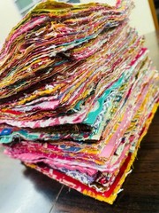 Vintage Cotton Kantha Scrap Bundles, Indian Sari Fabric Quilting Squares 8×8″