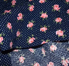 Vintage Plisse Fabric Navy Blue Pink Rose Polka Dot Textured Cotton 39″ Wide