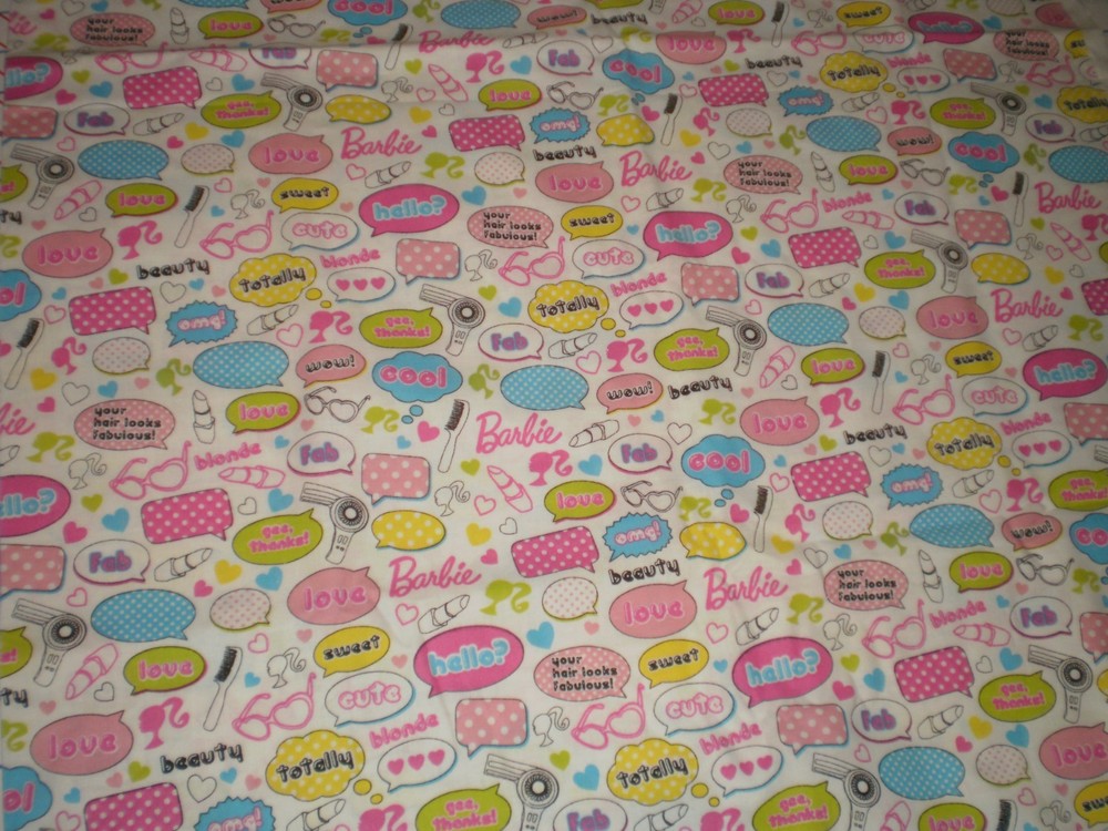 Vintage 2010 Barbie Mattel Cranston Fabric Cotton 39″ L x 43″ W pink white Word