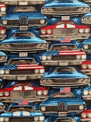 CLASSIC MUSCLE CARS CAR PARTS USA PACKED RED WHITE BLUE COTTON FABRIC FQ