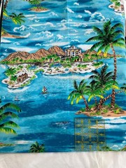 Vtg Cotton Blend fabric – tropical island, palm trees and sailboats – 1 yd 11″