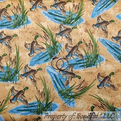 BonEful Fabric FQ Cotton Quilt Brown Blue Wood Duck Hunt Water Cabin Country Kid