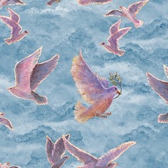 Angel Of Peace Doves in Flight Digitally Printed BTY Wishes Fabric