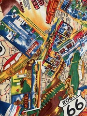 Route 66 Travel Map Destination Postcards Roadtrip Cotton Fabric by Moda 1.5 yds