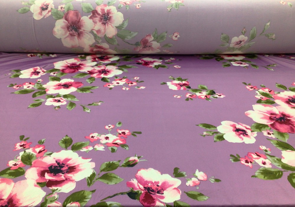 Printed DTY Spandex Stretch Apparel Fabric Lavender Fuchsia Pink Floral I221