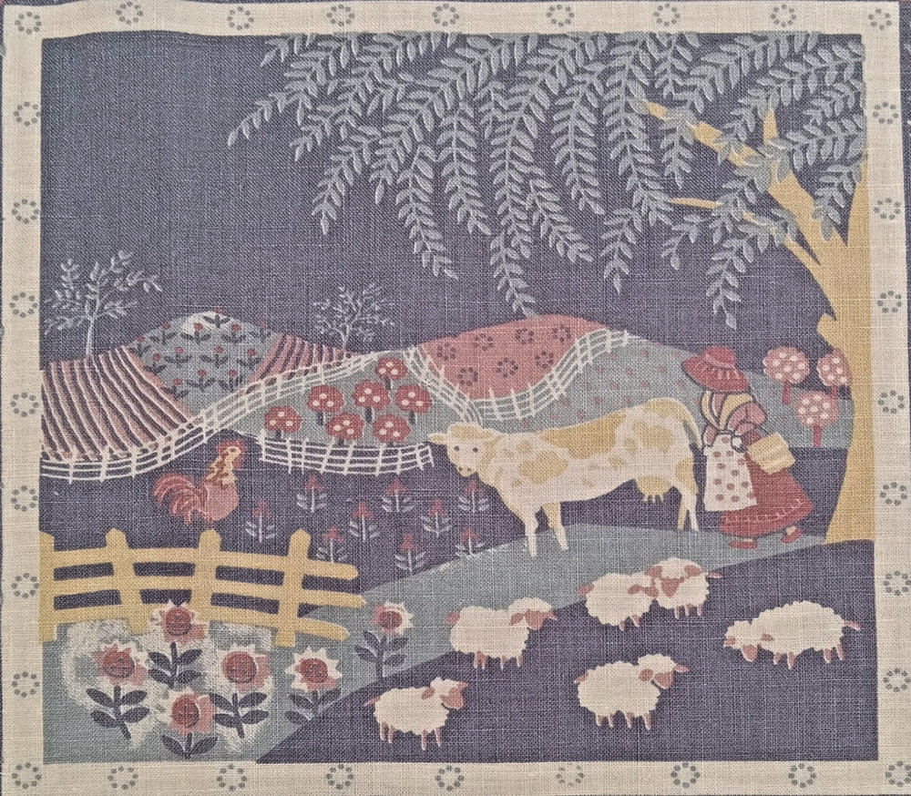 Vtg~1987~Ameritex Apple Valley~”Lady, Farm Animals~Cotton Fabric~ 7.75″x7.75″