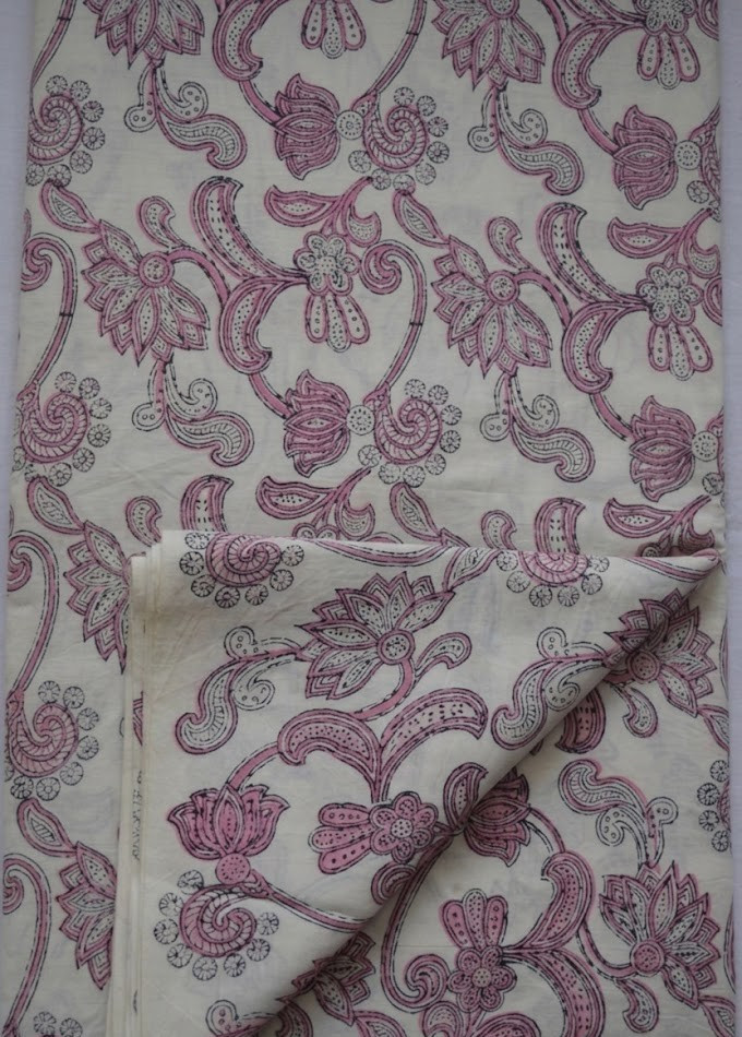 NO TARRIF CHARGES 100%✅ Indian Hand Block Fabric 5 Yard White & Pink KK18
