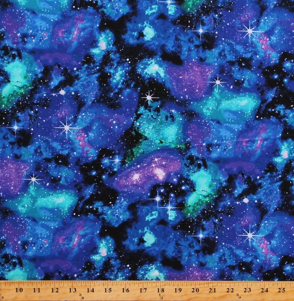 Cotton Solar Systems Northern Lights Space Stars Fabric Print by Yard D582.67