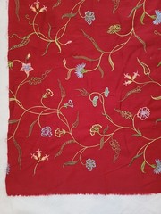 Floral Embroidered Dark Red Fabric 57×36 Remnant Stylized Flowers Lightweight