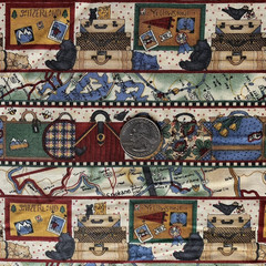 Vintage Travel Themed Fabric By Debbie Mumm For SSI Luggage Maps Blue Cream BTY