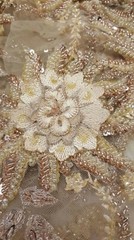 Champagne Gold Hand-Beaded Lace Fabric with 3D Floral Flowers on Mesh – Sold by
