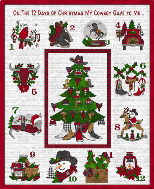 Christmas Cowboy Santa Fabric Boots My Cowboy Gave To Me Cotton Blank 35″ Panel