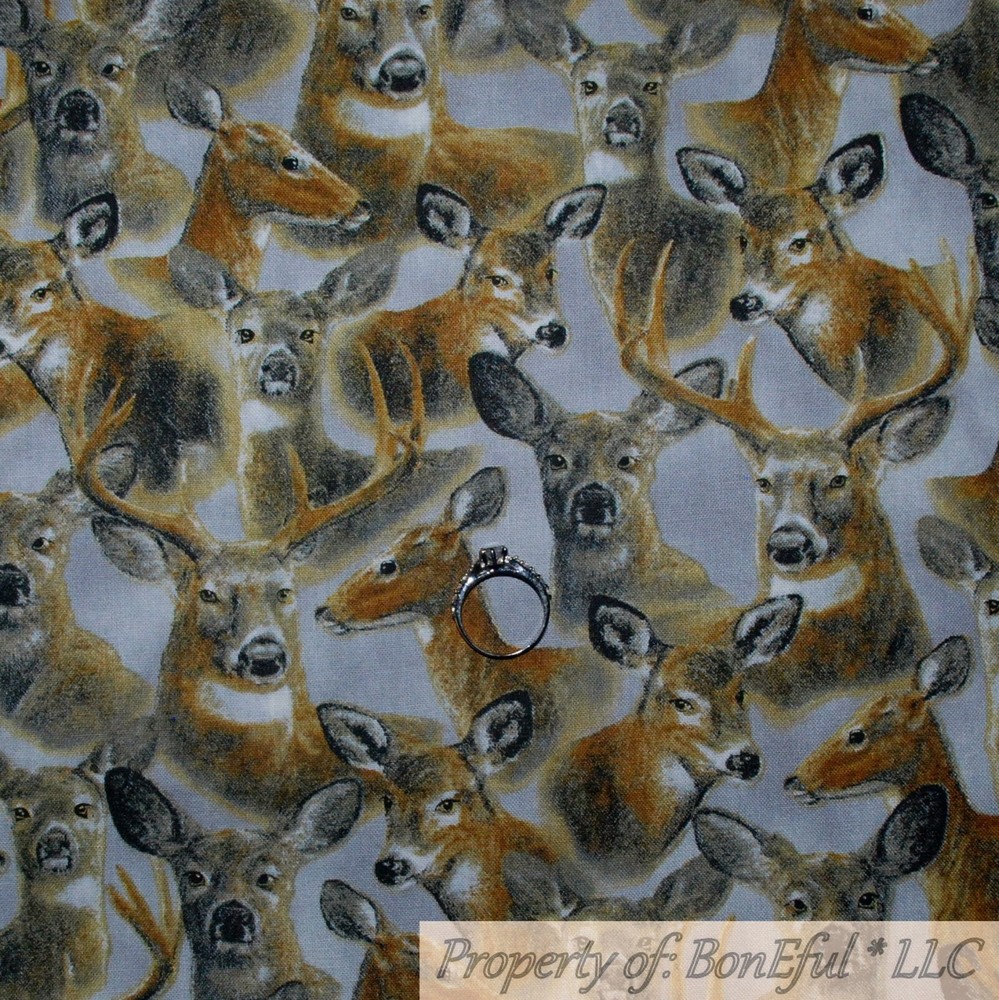 BonEful Fabric FQ Cotton Quilt Gray Brown Winter Scenic Deer Head Face Xmas Hunt