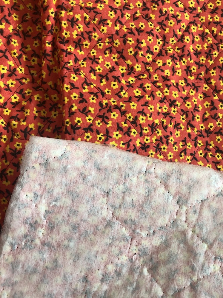 VTG 80s Micro Floral Red Yellow Pre Quilted w/Batting Fabric By The Yard (7 READ
