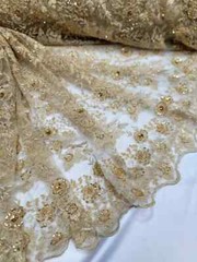 **Gold Beaded Floral Embroidered Lace Fabric – Sold by the Yard for Dresses**