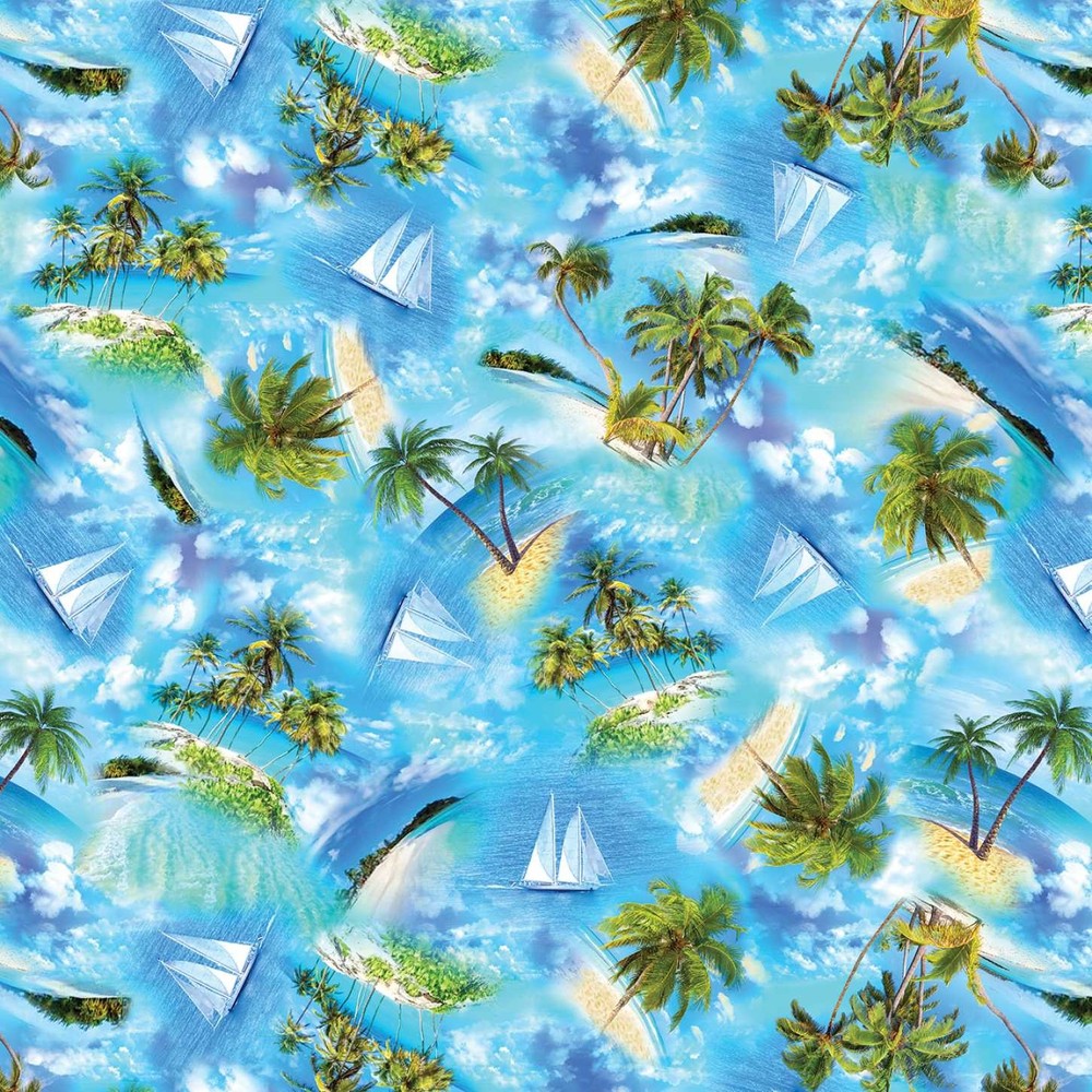 Tropical Escape Fabric | Island Breeze Palm Tree Boat Blue | Kanvas Studio YARD