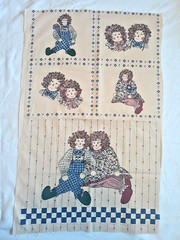 Vintage 90s Raggedy Ann & Andy Print Fabric Panel 22×35 Folk Art Cottage Country