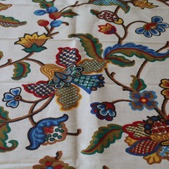 Vtg Linen Waverly Bonded Fabric, Coventry Crewel Floral Red, Blue, Yellow 1.8 yd