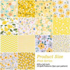 42Pcs Yellow Charm Packs for Quilting, 100% Cotton Fabric Squares 5 x 5Inch Pre-