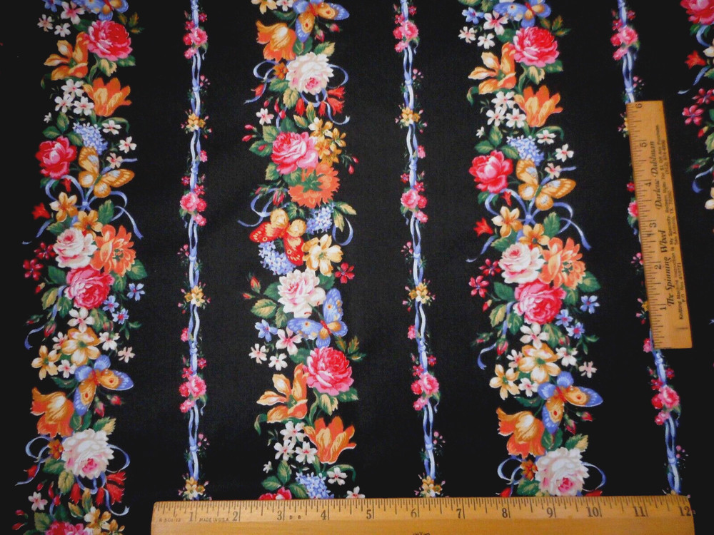 Chintz Fabric 1 1/3 Yard Pink Blue Gold+ Floral & Butterfly Black Polish Cotton