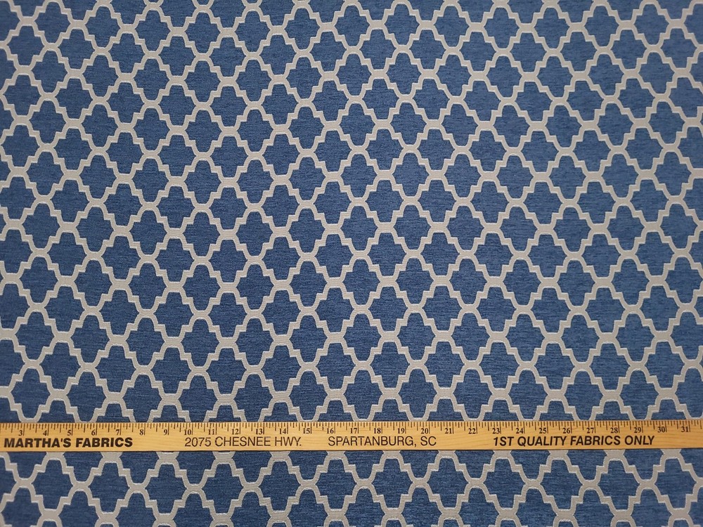 Covington TRELLIS WALK INDIGO Navy Blue Beige Woven Designer Drapery Uph Fabric