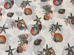 Sea shell sea weed star fish polyester chiffon fabric on beige, 58″ by 20″
