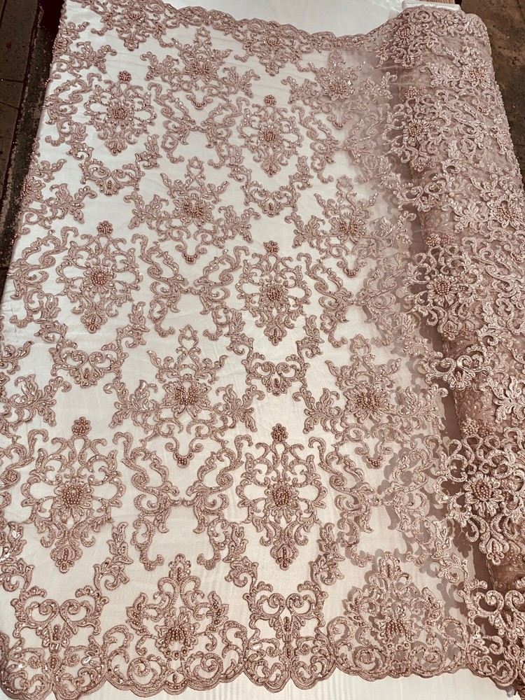 Helena DUSTY PINK Embroidered Damask Pattern with Faux Pearls and Beads on Mesh