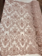 Helena DUSTY PINK Embroidered Damask Pattern with Faux Pearls and Beads on Mesh