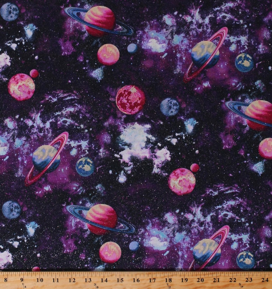 Cotton Glitter Outer Space Planets Galaxy Universe Fabric Print by Yard D461.28