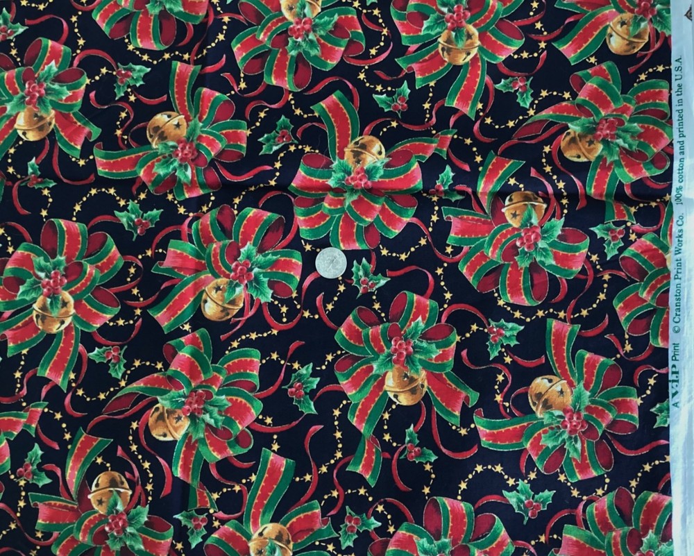 FAT QTR 18×22 VTG CRANSTON CHRISTMAS BOWS & BELLS ON BLACK FABRIC COMBINE SHIP