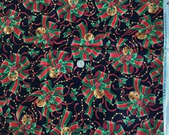 FAT QTR 18×22 VTG CRANSTON CHRISTMAS BOWS & BELLS ON BLACK FABRIC COMBINE SHIP