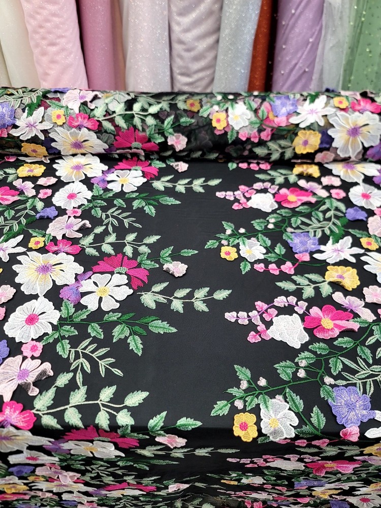 Multicolor Embroidery Pink Yellow 3d Floral Lace Fabric 50” W 1 Yard Black MESH