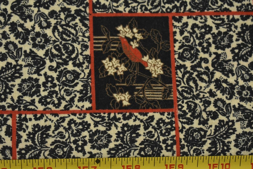 By 1/2 Yd, Vintage, Black Calico with Red on Tan Brushed Cotton/Manes, P2628