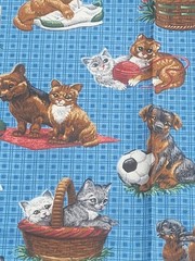 1 5/8 yds VTG Dogs Cats Kittens Puppies Blue Novelty Fabric Cotton Blend